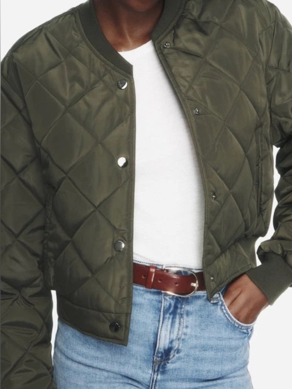 Zara Quilted Cropped Jacket in Olive Green
